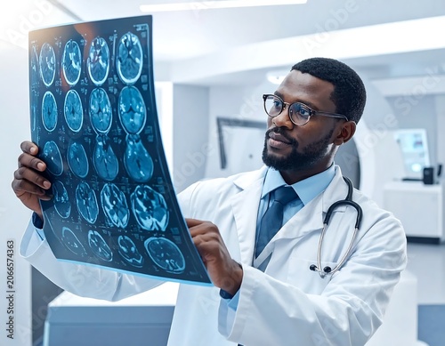 Focused Male Doctor Examining Brain Scan Film in Modern Hospital Radiology Room