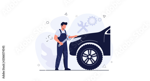 Mechanic working on car, flat illustration style, auto repair service concept