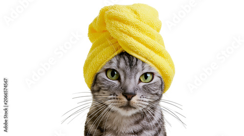 Foto Tabby cat with green eyes wearing a yellow towel turban