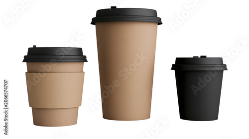 Three disposable coffee cups with black lids, two brown and one black