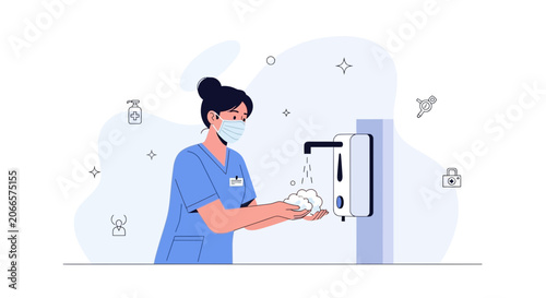 Nurse wearing mask washes hands with soap and water from an automatic dispenser, promoting hygiene and infection control.