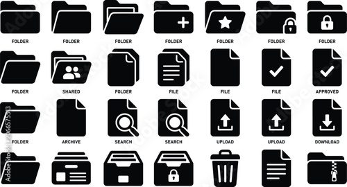 File Management and Document Icons Set with Folder Storage Search Upload and Security Symbols