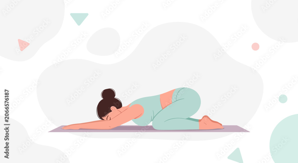 Fototapeta premium Woman Doing Child's Pose Yoga on Mat, Minimalist Flat Illustration with Soft Shapes and Pastel Colors