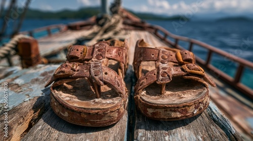 Worn leather sandals resting on rustic boat deck