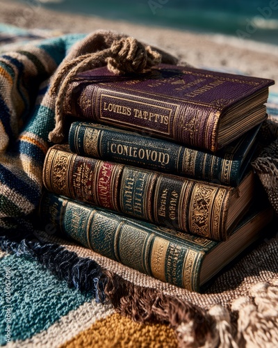 Vintage Books on Striped Blanket by Ocean