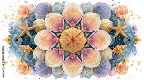 Watercolor Seashell Mandala Pattern with Starfish