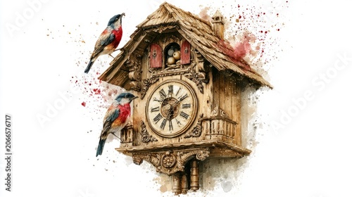 Artistic Cuckoo Clock with Colorful Birds Watercolor Painting