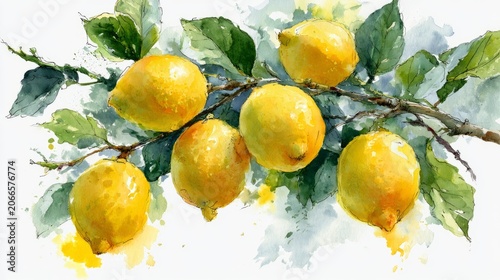 Watercolor Lemons on Branch with Leaves
