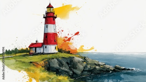 Vibrant Watercolor Lighthouse on Rocky Coast Seascape