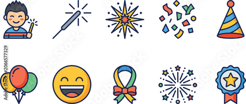 Fényképezés Celebration icons with party hat balloons confetti and fireworks during festive