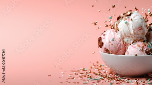A delectable bowl filled with three scoops of ice cream decorated with colorful sprinkles, set against a soft pink background, encapsulating summer treats and refreshing delight.