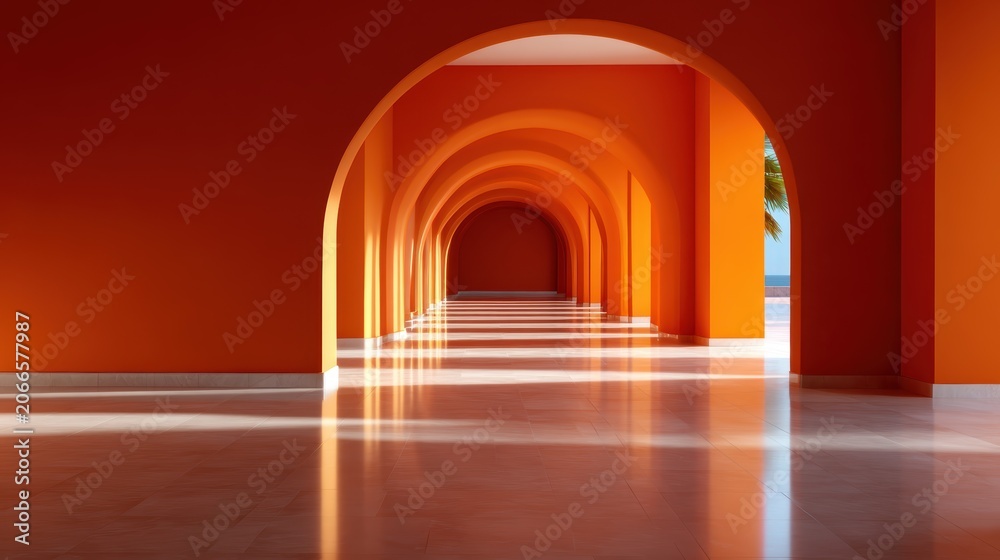 Fototapeta premium A captivating view of a bright orange arched hallway bathed in sunlight creates an inviting atmosphere, blending architectural beauty with a sense of warmth and openness.