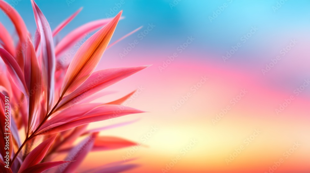 This stunning image features vivid tropical leaves in shades of pink set against a dreamy gradient background, evoking a sense of tranquility and natural beauty.