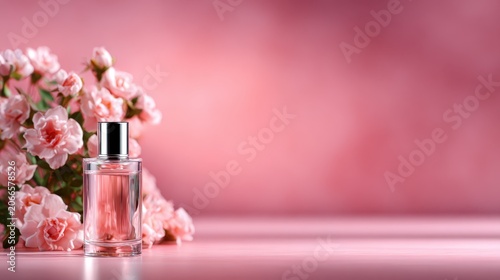 This enchanting image features a delicate perfume bottle set beside a bouquet of fresh pink flowers, conveying elegance and beauty, perfect for fragrance promotion and advertising.