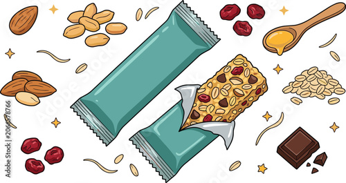 Granola Energy Bar Illustration Set with Nuts, Oats, Dried Cranberries, Honey, Chocolate, and Healthy Snack Ingredients