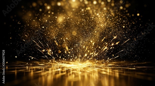 Golden sparks radiate from a central light source against a dark background, creating a festive atmosphere for holiday graphic design.