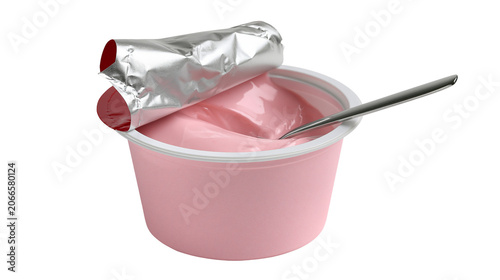 Obraz na płótnie Pink yogurt cup with opened foil lid and spoon