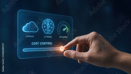 Full-Stack AI Control - Hand adjusting an AI cost slider on a minimal interface to balance compute, efficiency, and model performance for optimal cost control.