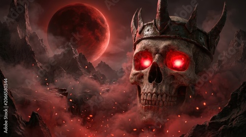 Demonic Skull Crown Red Eyes Hell Fire Dark Fantasy Horror Apocalyptic Scene