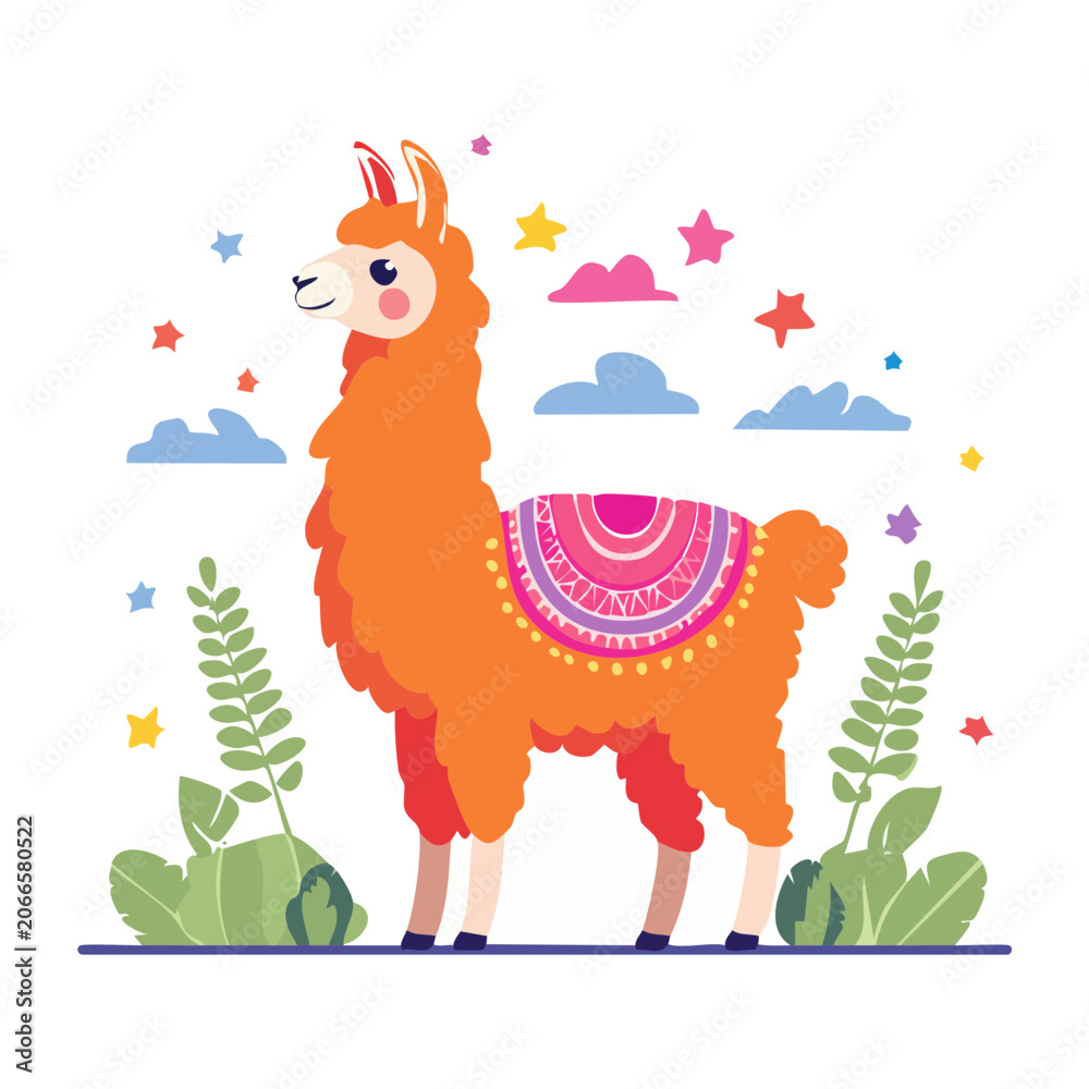Fototapeta premium Cute Llama Illustration with Clouds and Stars