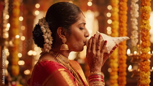 Indian woman blowing a conch shell in a golden bokeh temple setting with festive marigold decorations.