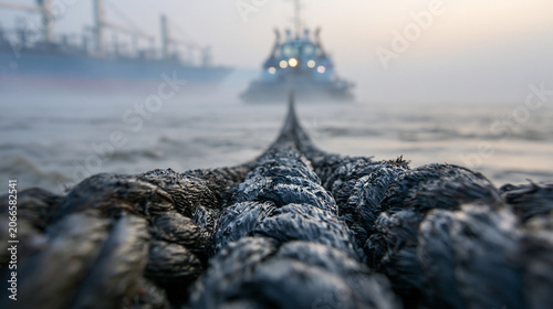 towline. A taut black towline connects a tugboat to a distant ship in morning mist. mobility guides, transit brochures, designed for mobility and urban transit guides, used by bi analysts.