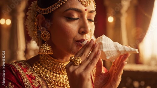 Indian woman blowing white conch shell wearing gold jewelry in a warm cinematic temple interior.