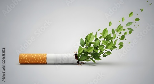 Conceptual cigarette with green leaves instead of smoke, creative anti-smoking campaign imagery, healthy lungs and quitting tobacco concept