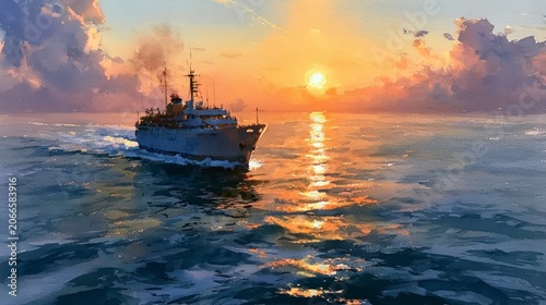 Ocean Liner Sailing Towards Golden Sunset
