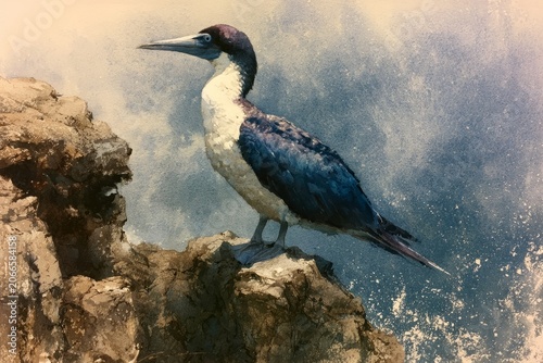 Watercolor Painting of Seabird on Coastal Rocks