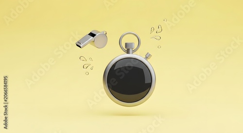Minimalist silver stopwatch and metal whistle on yellow background, professional sports coaching equipment, athletic timer and referee tools