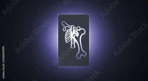 Medical x-ray of human shoulder and rib cage, glowing skeletal bone scan on dark background, diagnostic radiology imaging for healthcare