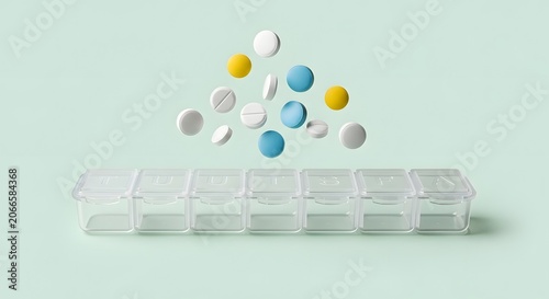 Colorful medical pills falling into plastic weekly pill organizer, assorted medicine tablets and capsules, healthcare and pharmacy concept
