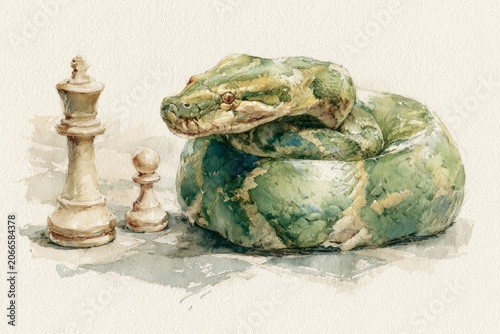 Watercolor Snake Guards Chess Pieces
