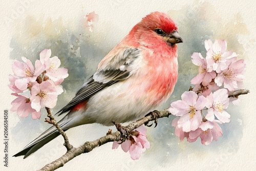 Pink Bird Perched on Cherry Blossom Branch Watercolor