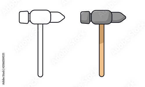 Obraz na plátně A simple, hand-drawn vector illustration of a toolmaker's mallet or hammer, featuring an uncolored line art version beside a colored version with a gray metallic head and a light brown wooden handle