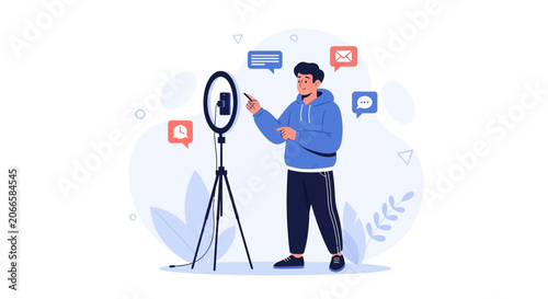 Young Man Creating Content with Ring Light and Smartphone, Surrounded by Communication Icons