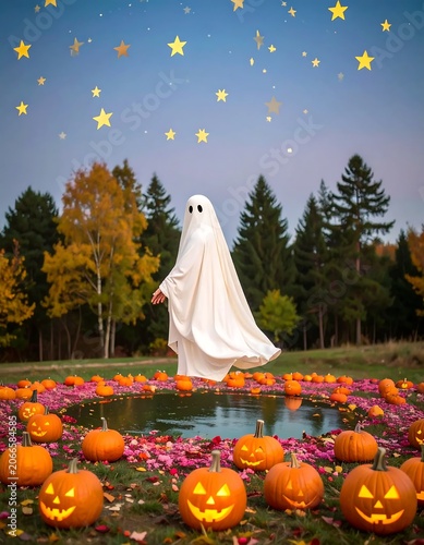 Ghostly Figure Standing by Pumpkin Ring Around Pond at Twilight Forest Clearing