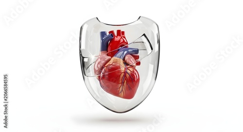 Anatomical human heart protected by glass shield, cardiovascular health insurance concept, medical heart protection and cardiology care on white background