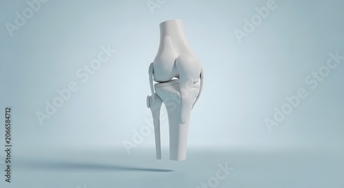 Anatomical knee joint model, white human bone structure on blue background, medical orthopedic illustration for surgery and healthcare education