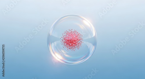 Microscopic biological cell with red nucleus in transparent bubble, scientific medical research concept, laboratory biotechnology illustration