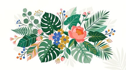 Vibrant tropical floral arrangement with lush green leaves and colorful flowers on a white background