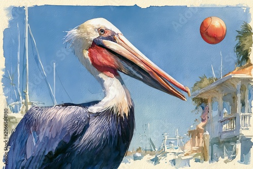 Watercolor Pelican at Sunny Coastal Marina