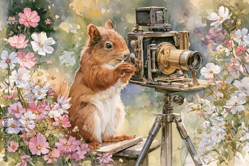 Curious Squirrel Operating Old-Fashioned Camera Amongst Flowers