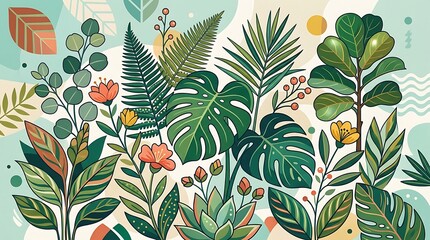 A vibrant illustration of various tropical plants and flowers in full bloom, set against a colorful abstract background.