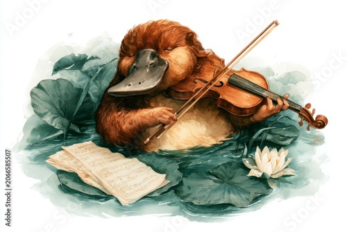 Watercolor Platypus Playing Violin Amidst Water Lilies