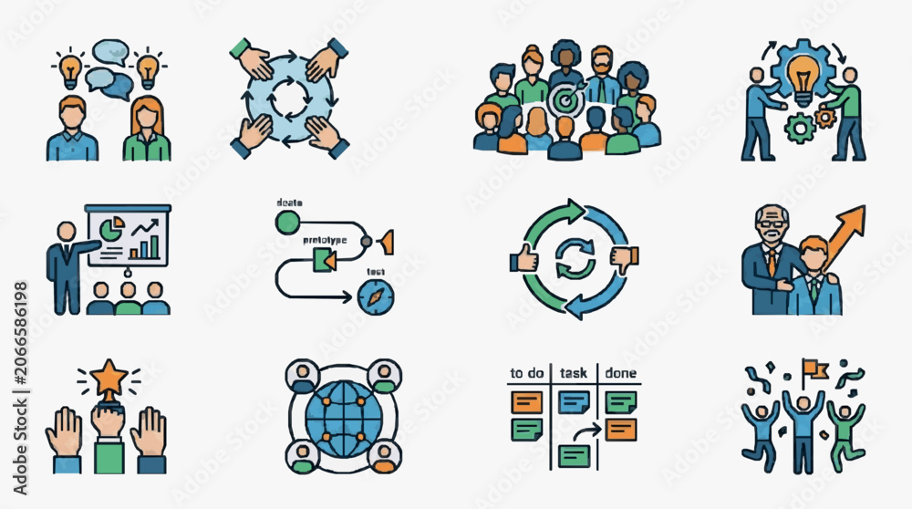Fototapeta premium Sleek Illustrated Guide to Agile Project Management and Team Collaboration Concepts with Colorful Icons