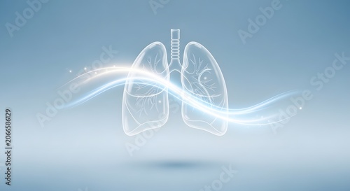 Medical lung illustration with glowing air flow, human respiratory system on blue background, healthy breathing concept with light trails