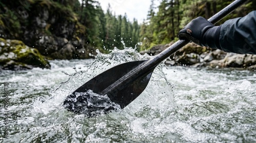 Paddler rowing in river with splashes and green forest background  