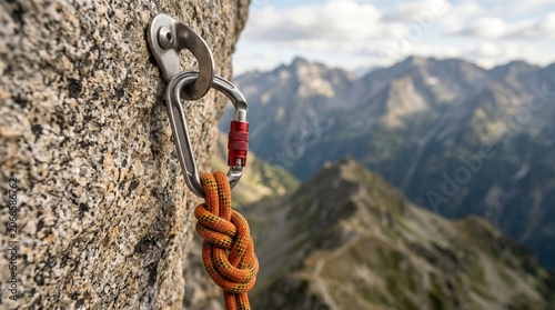 Rock climbing gear secured on mountain cliff with stunning landscape  